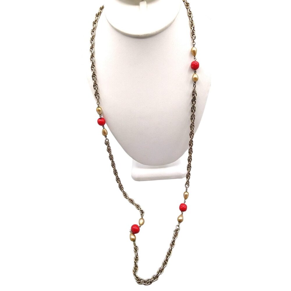 Prince of Wales Chain Vintage Station Necklace, Gold Tone with Bright Red Glass